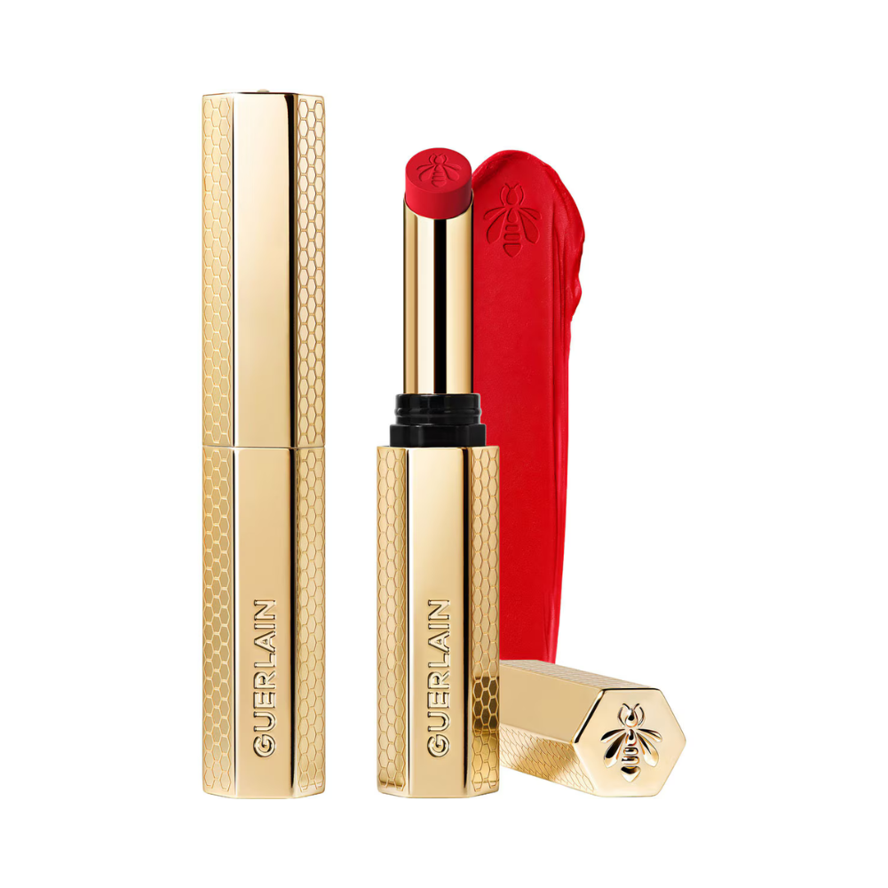 Guerlain KissKiss Honey-Infused Blur Matte Lipstick 510 Petal Red luxury floral red lipstick available online at Paris Gallery Qatar – Now Online