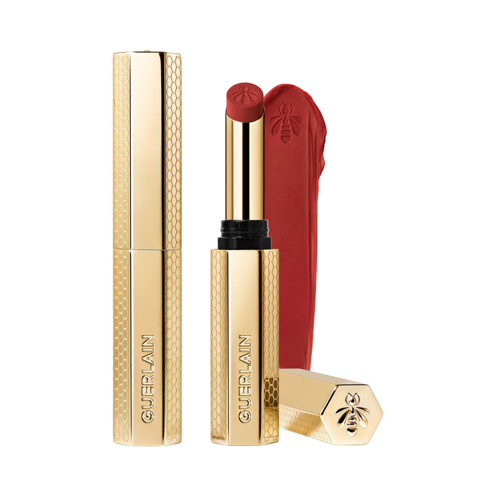 Guerlain KissKiss Honey-Infused Blur Matte Lipstick 599 Red Aster luxury bright red lipstick available online at Paris Gallery Qatar – Shop Now Online