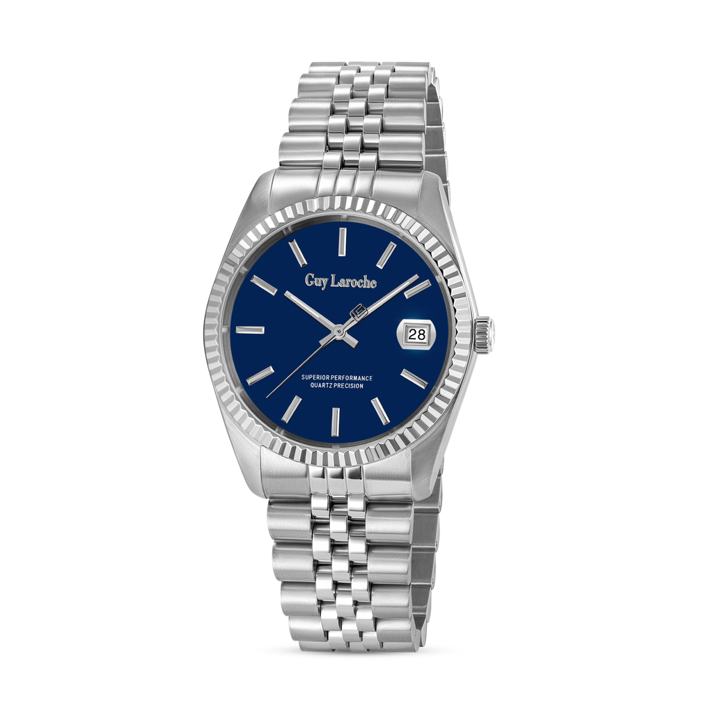 Guy Laroche stainless steel men watch blue dial fluted bezel bracelet luxury design Shop Now Online Paris Gallery Qatar