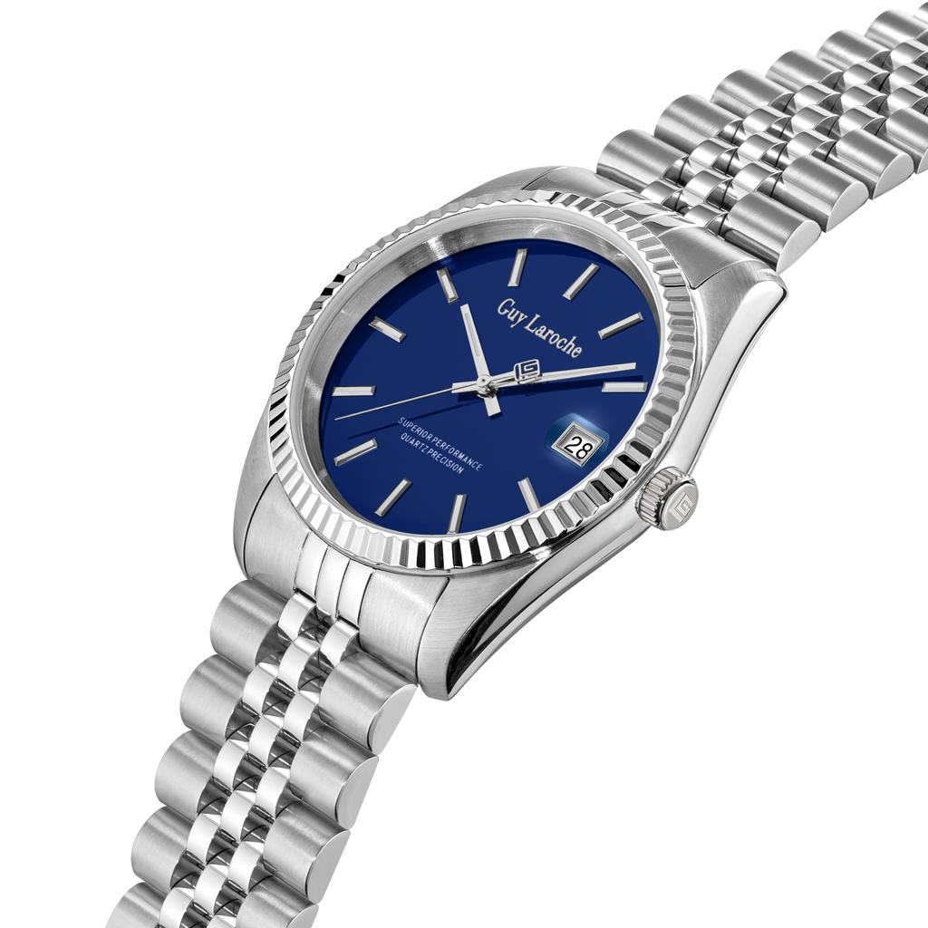 Guy Laroche stainless steel men watch blue dial fluted bezel bracelet luxury design Shop Now Online Paris Gallery Qatar