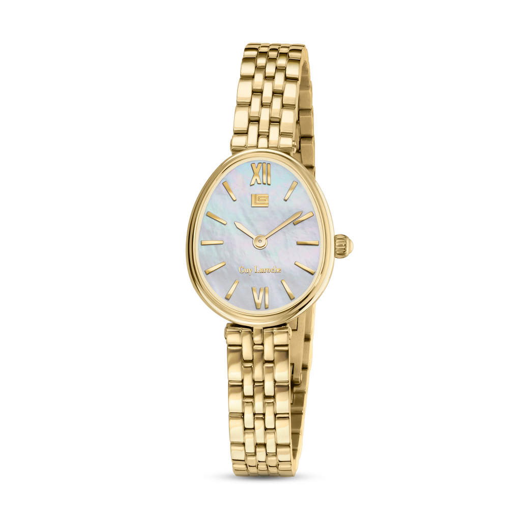Guy Laroche women gold watch white mother of pearl dial bracelet elegant luxury design Now Online Paris Gallery Qatar