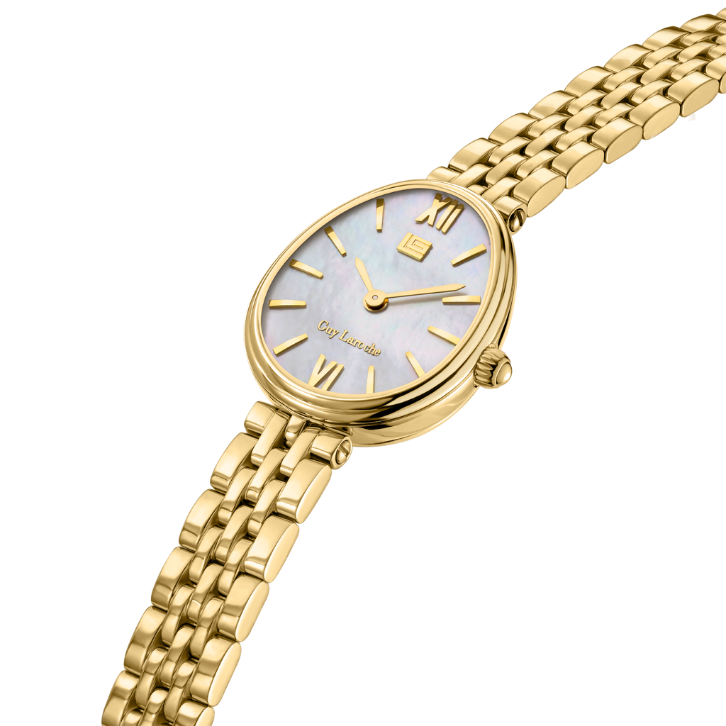 Guy Laroche women gold watch white mother of pearl dial bracelet elegant luxury design Now Online Paris Gallery Qatar