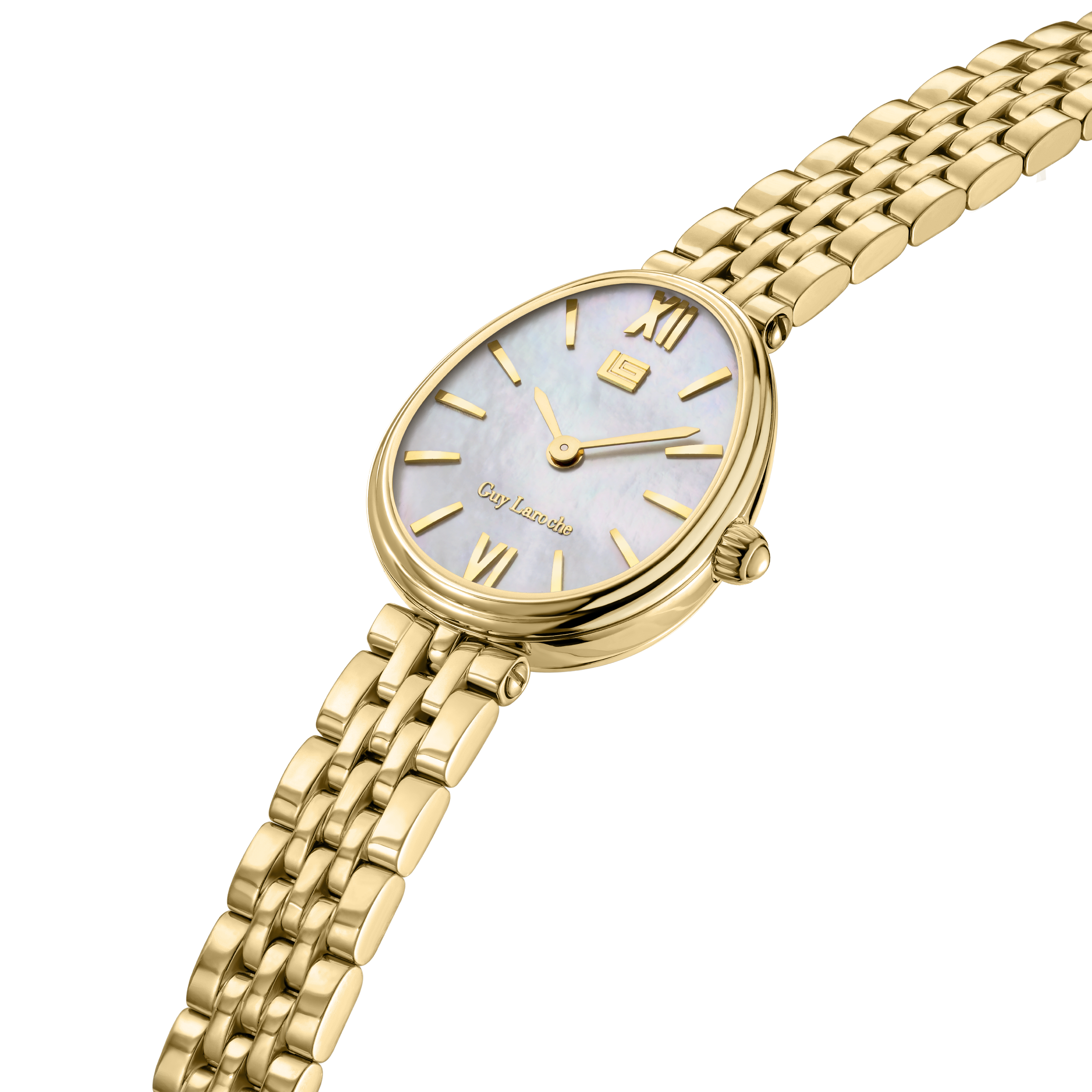 Guy Laroche women gold watch white mother of pearl dial bracelet elegant luxury design Now Online Paris Gallery Qatar