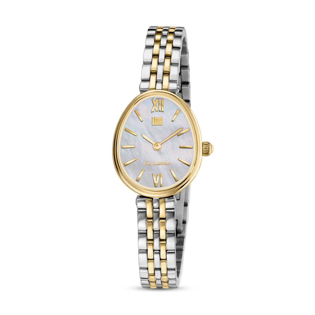 Guy Laroche women two tone watch white mother of pearl dial stainless steel gold bracelet elegant luxury design Shop Now Online Paris Gallery Qatar