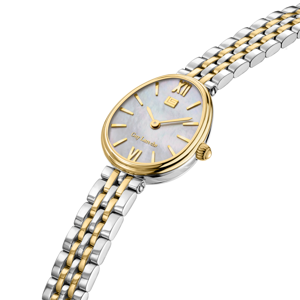 Guy Laroche women two tone watch white mother of pearl dial stainless steel gold bracelet elegant luxury design Shop Now Online Paris Gallery Qatar