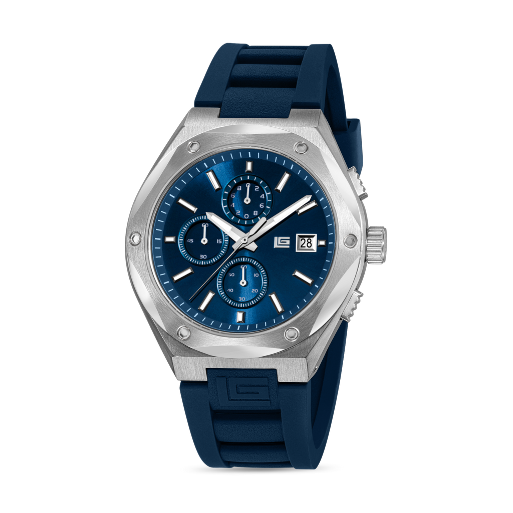 Guy Laroche men chronograph watch blue dial stainless steel case blue silicone strap sporty design Shop the Latest Online Paris Gallery Qatar