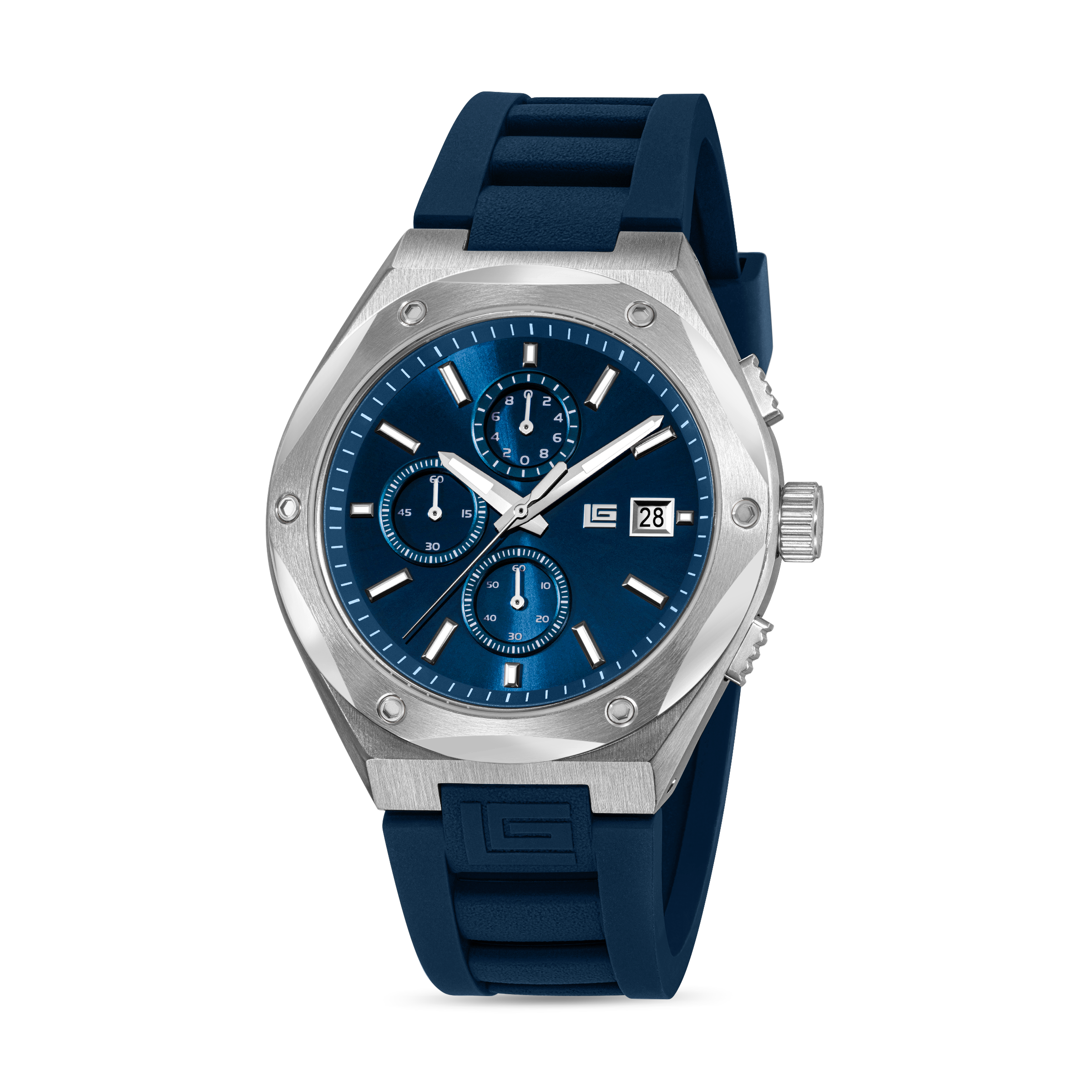 Guy Laroche men chronograph watch blue dial stainless steel case blue silicone strap sporty design Shop the Latest Online Paris Gallery Qatar
