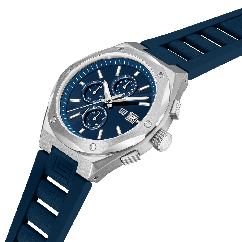 Guy Laroche men chronograph watch blue dial stainless steel case blue silicone strap sporty design Shop the Latest Online Paris Gallery Qatar