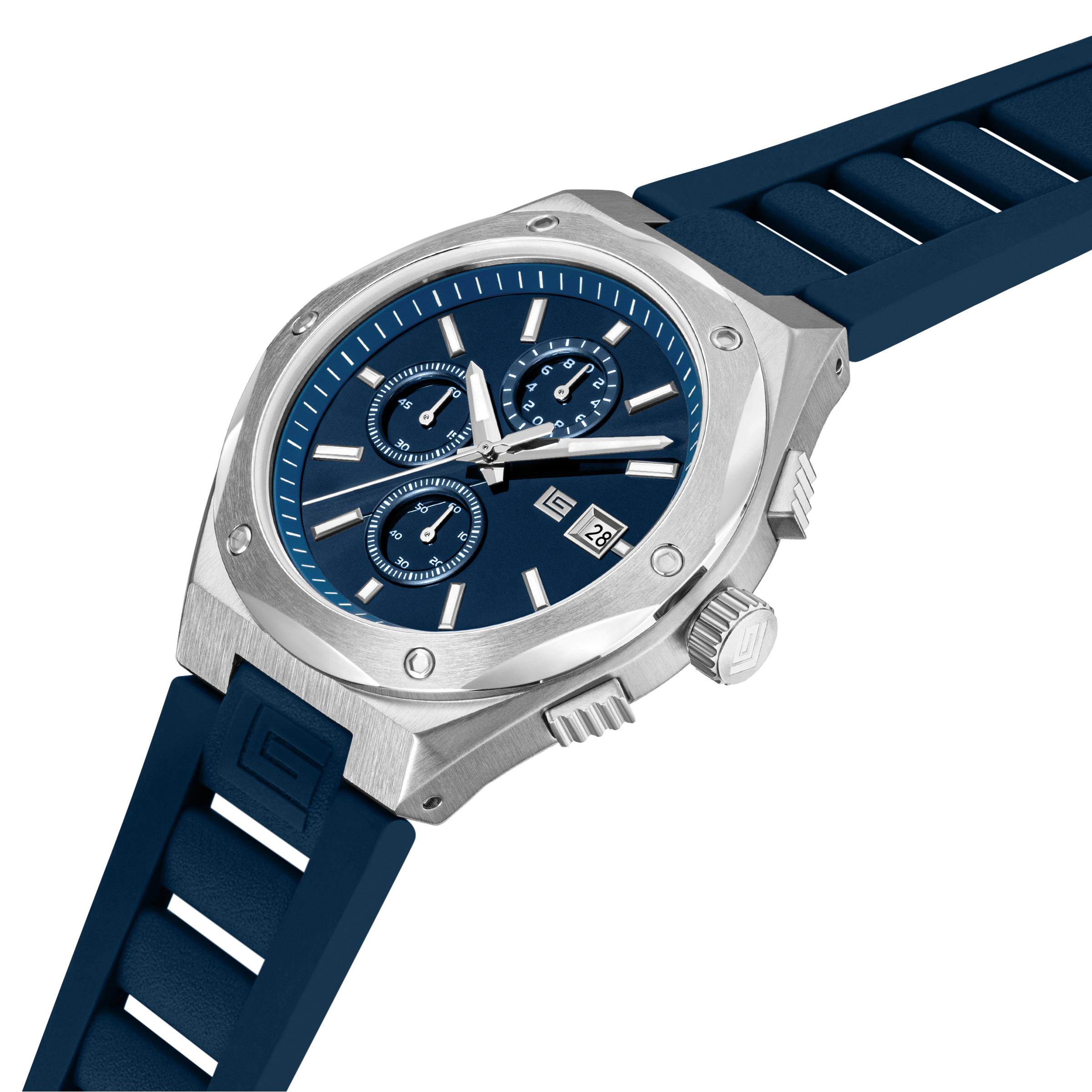 Guy Laroche men chronograph watch blue dial stainless steel case blue silicone strap sporty design Shop the Latest Online Paris Gallery Qatar