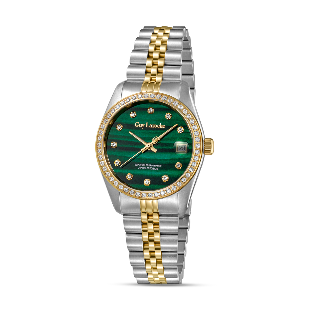 Guy Laroche women two tone watch green malachite dial crystal bezel stainless steel gold bracelet luxury design Shop the Latest Online Paris Gallery Qatar
