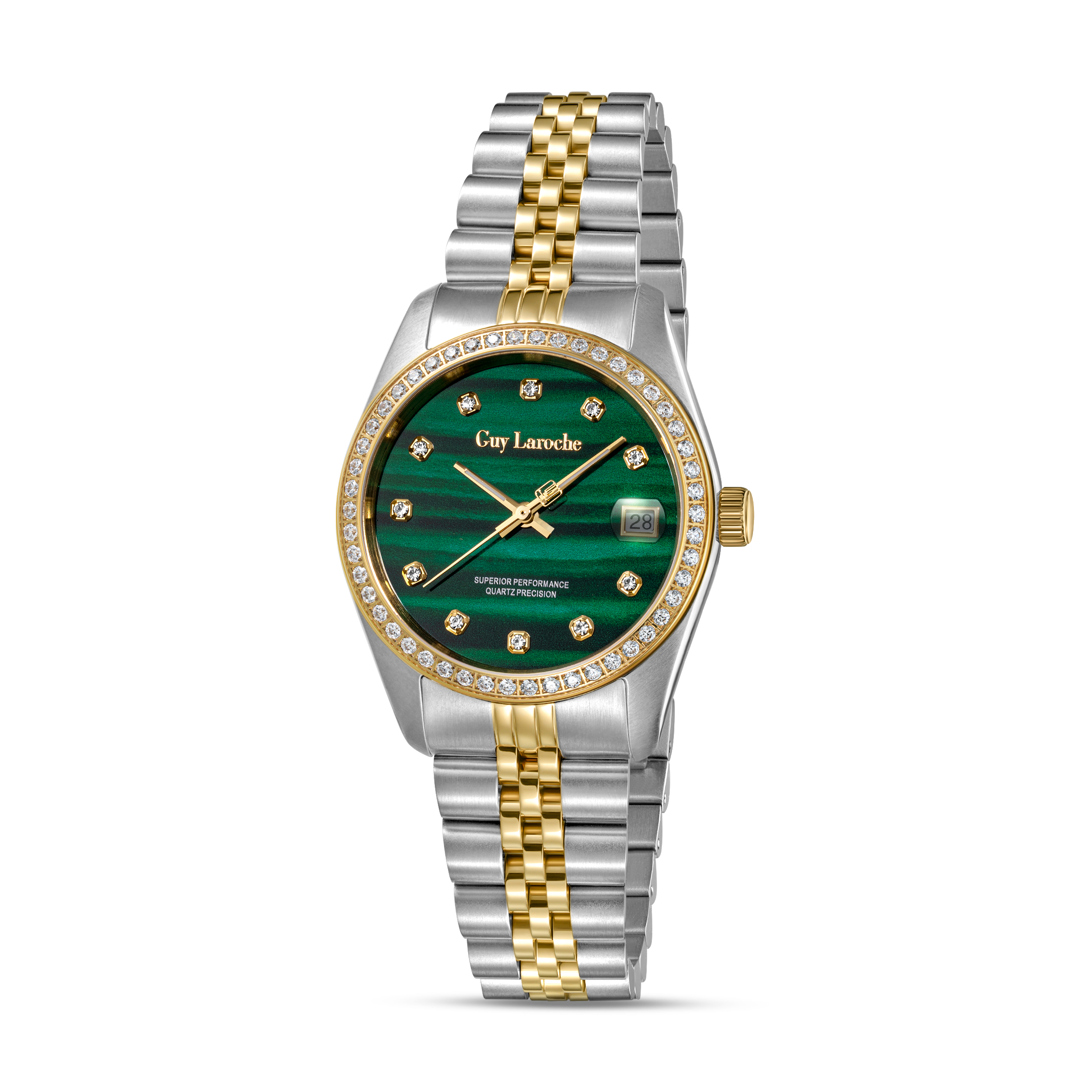 Guy Laroche women two tone watch green malachite dial crystal bezel stainless steel gold bracelet luxury design Shop the Latest Online Paris Gallery Qatar