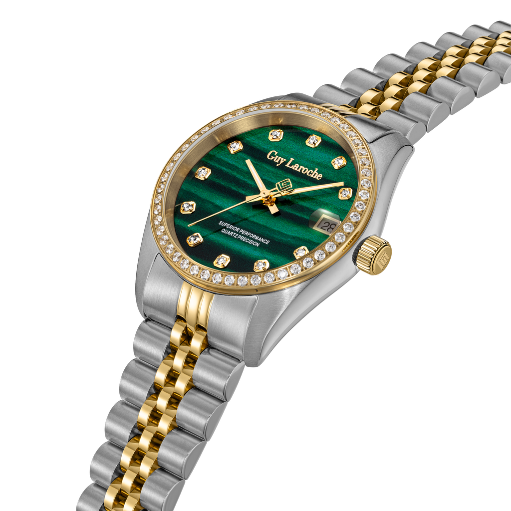 Guy Laroche women two tone watch green malachite dial crystal bezel stainless steel gold bracelet luxury design Shop the Latest Online Paris Gallery Qatar
