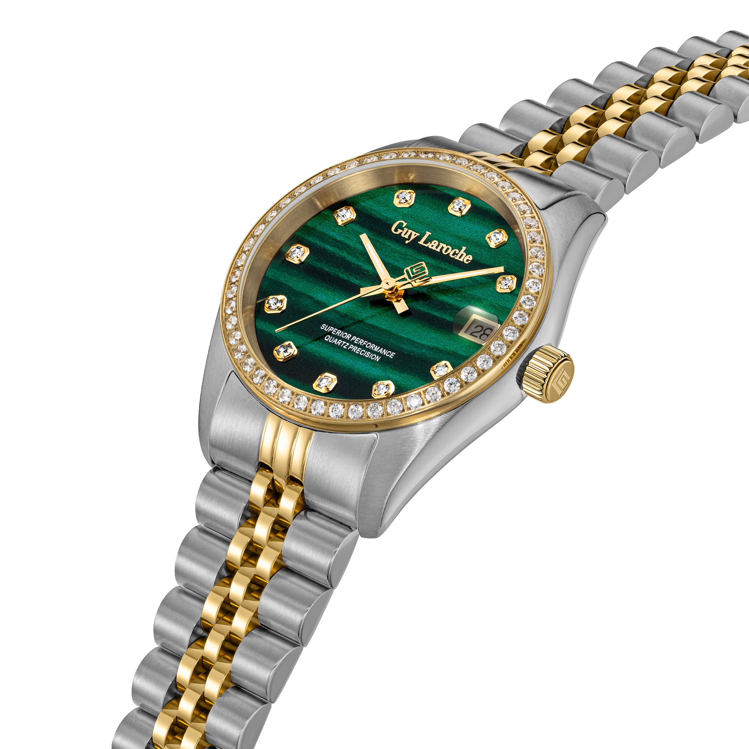 Guy Laroche women two tone watch green malachite dial crystal bezel stainless steel gold bracelet luxury design Shop the Latest Online Paris Gallery Qatar