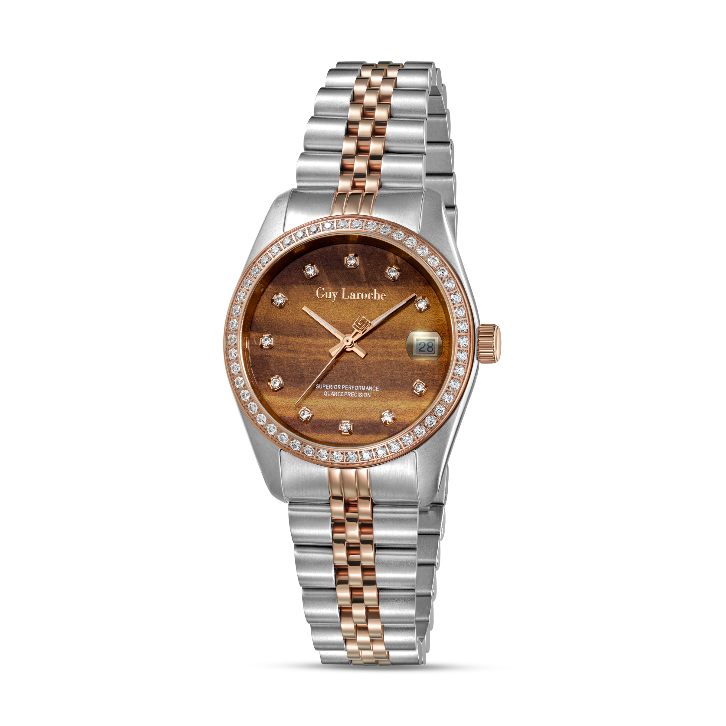 Guy Laroche women two tone watch tiger eye dial crystal bezel stainless steel rose gold bracelet luxury design Shop Now Online Paris Gallery Qatar Main image
