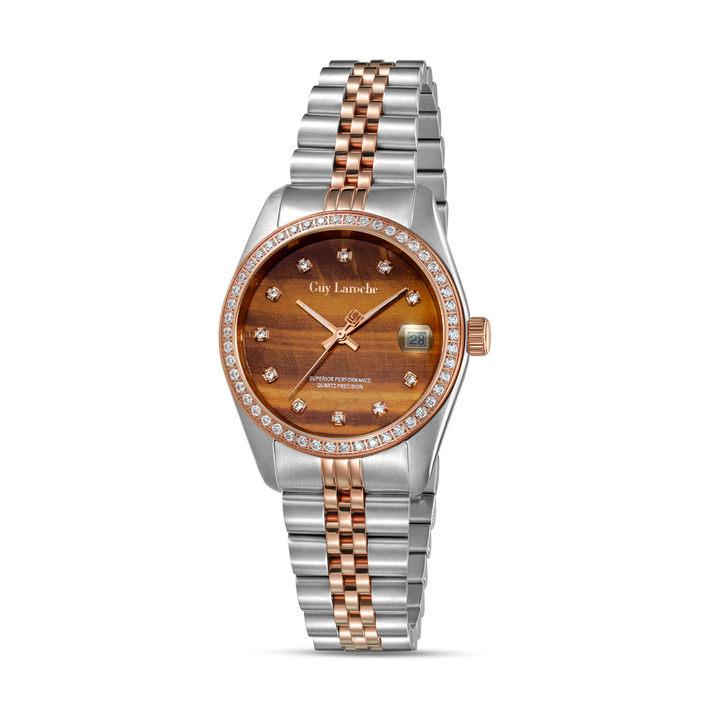 Guy Laroche women two tone watch tiger eye dial crystal bezel stainless steel rose gold bracelet luxury design Shop Now Online Paris Gallery Qatar