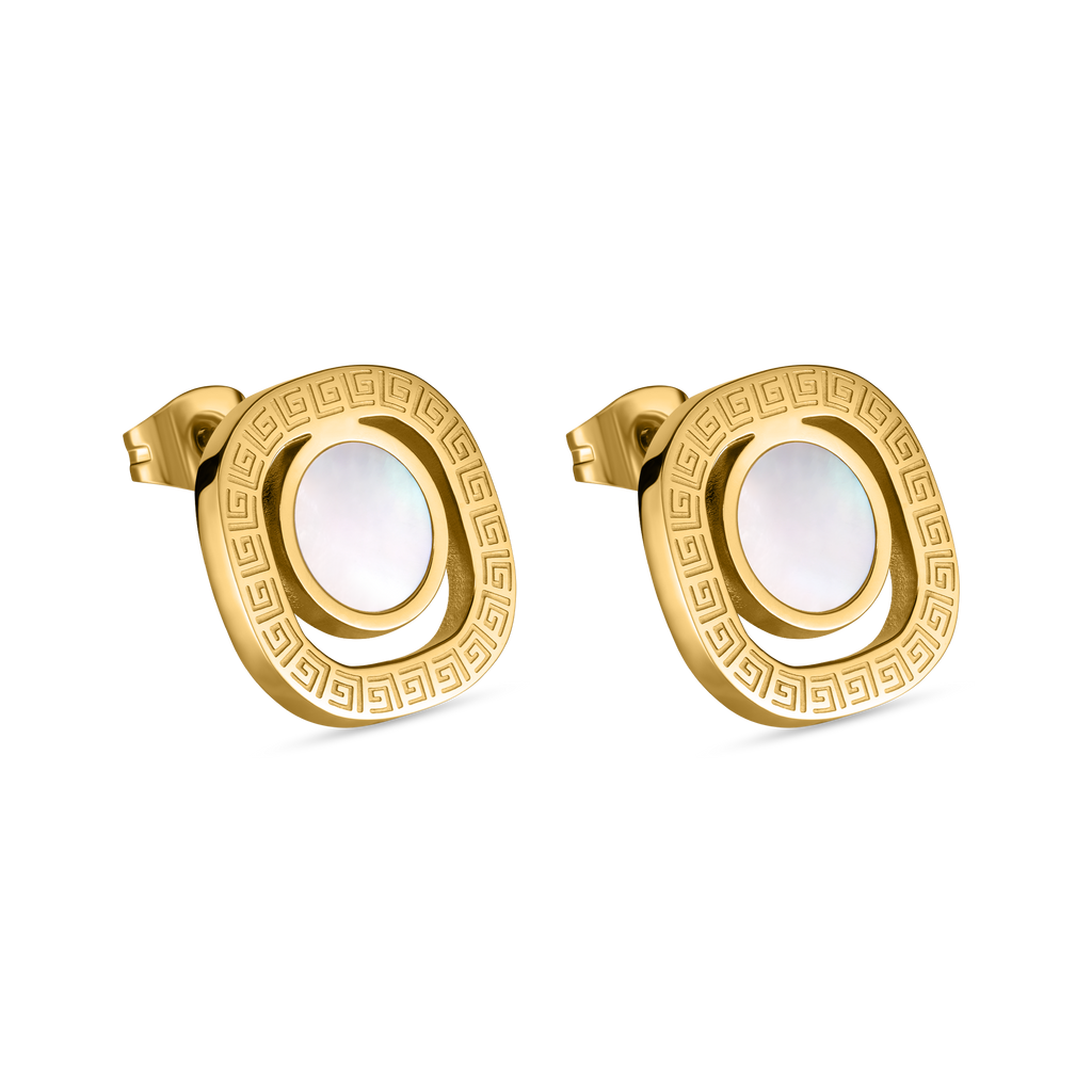 Guy Laroche Kim gold plated earrings with mother of pearl and logo design luxury jewelry Paris Gallery Qatar Shop the Latest Online