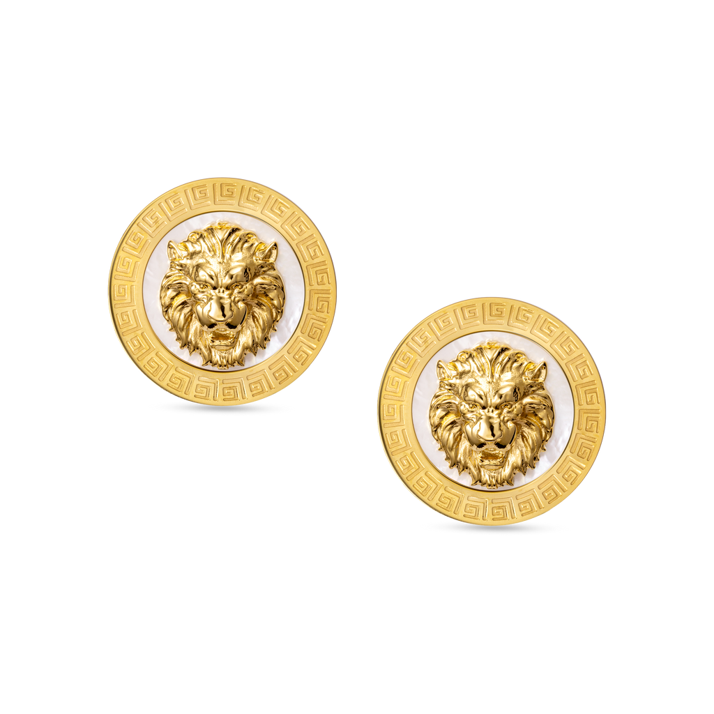 Guy Laroche Leonie gold plated lion earrings with mother of pearl and logo design luxury jewelry Paris Gallery Qatar Shop Now Online