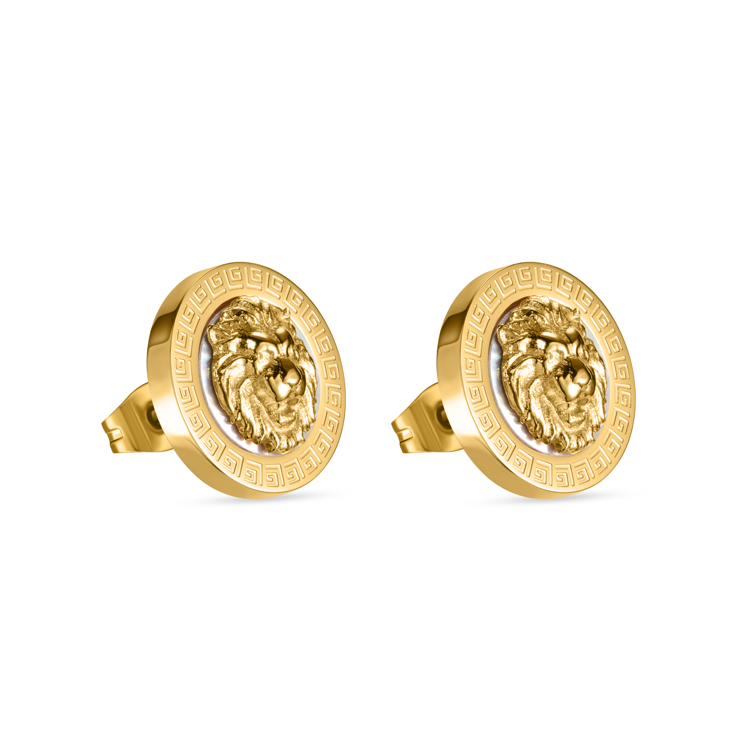 Guy Laroche Leonie gold plated lion earrings with mother of pearl and logo design luxury jewelry Paris Gallery Qatar Shop Now Online