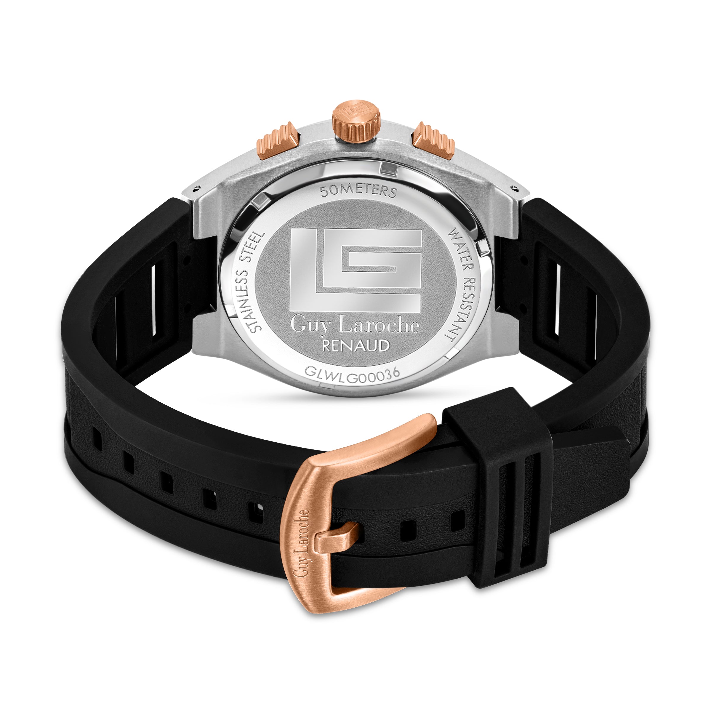 Guy Laroche men's chronograph watch black silicone strap rose gold tone stainless steel case sporty luxury Paris Gallery Qatar Now Online