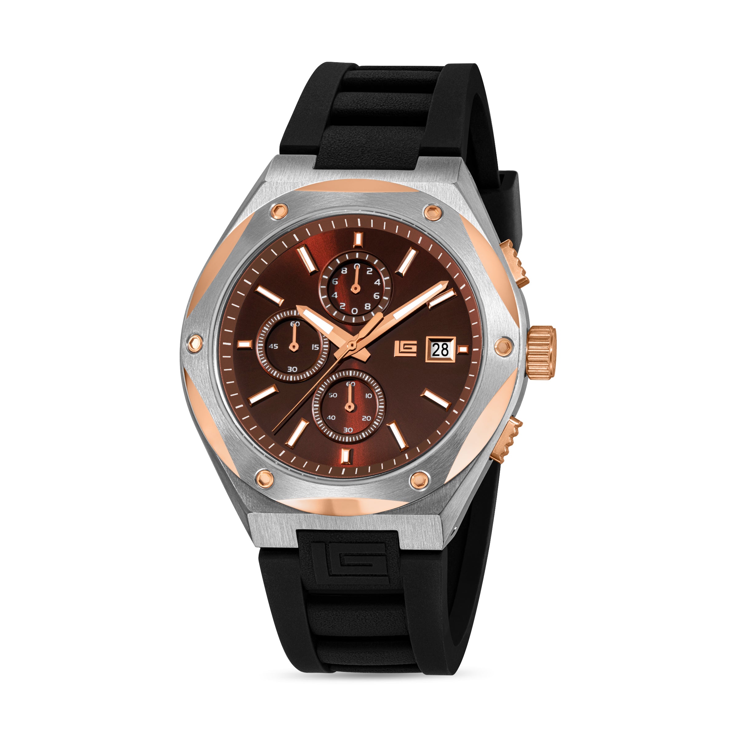 Guy Laroche men's chronograph watch black silicone strap rose gold tone stainless steel case sporty luxury Paris Gallery Qatar Now Online