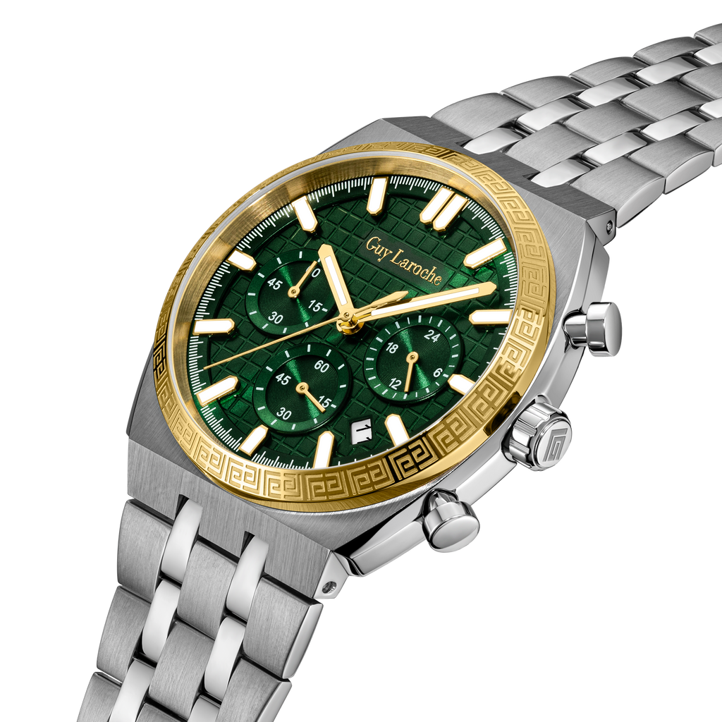 Guy Laroche Paul watch gift set green dial two tone stainless steel chronograph with wallet and pen men Paris Gallery Qatar
