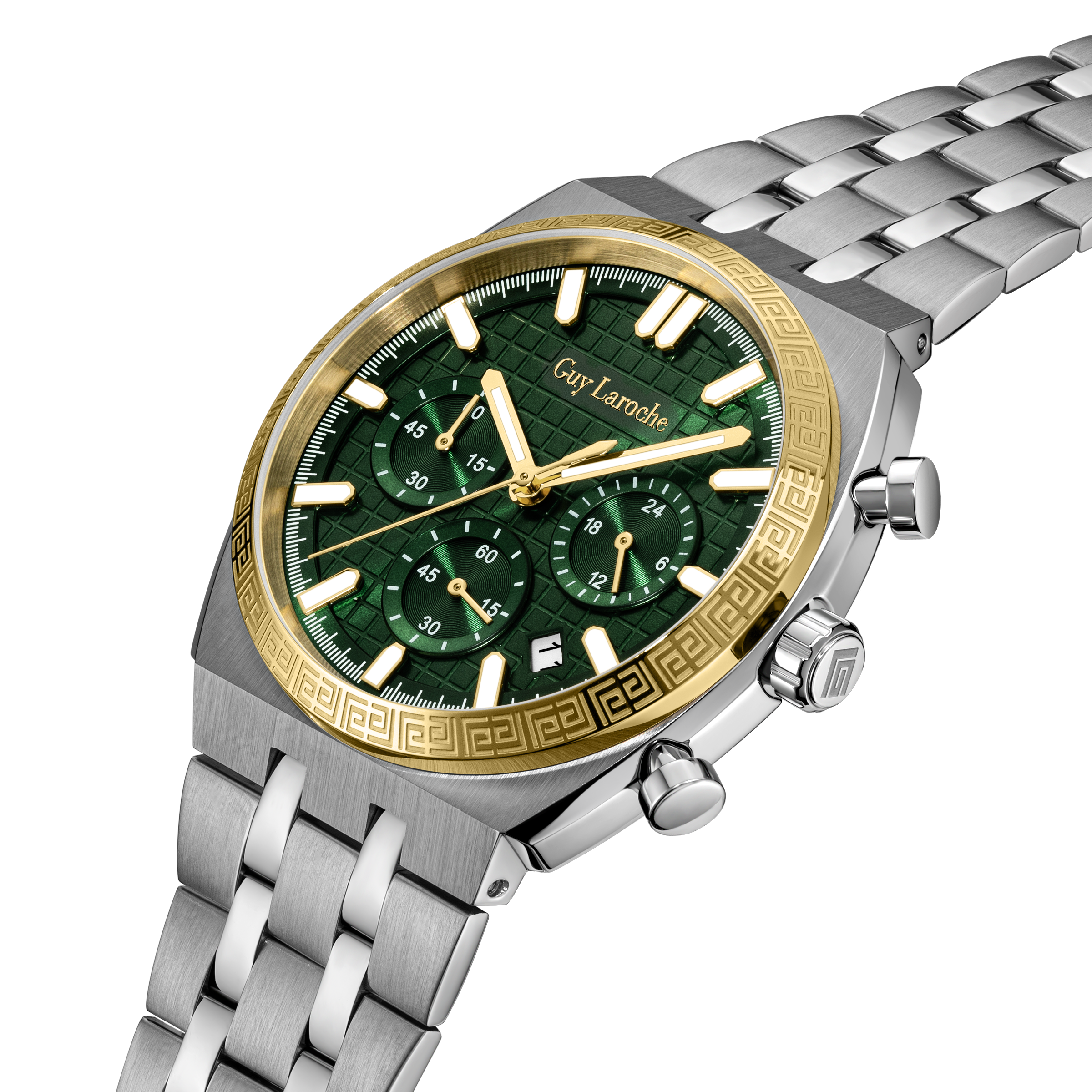 Guy Laroche Paul watch gift set green dial two tone stainless steel chronograph with wallet and pen men Paris Gallery Qatar