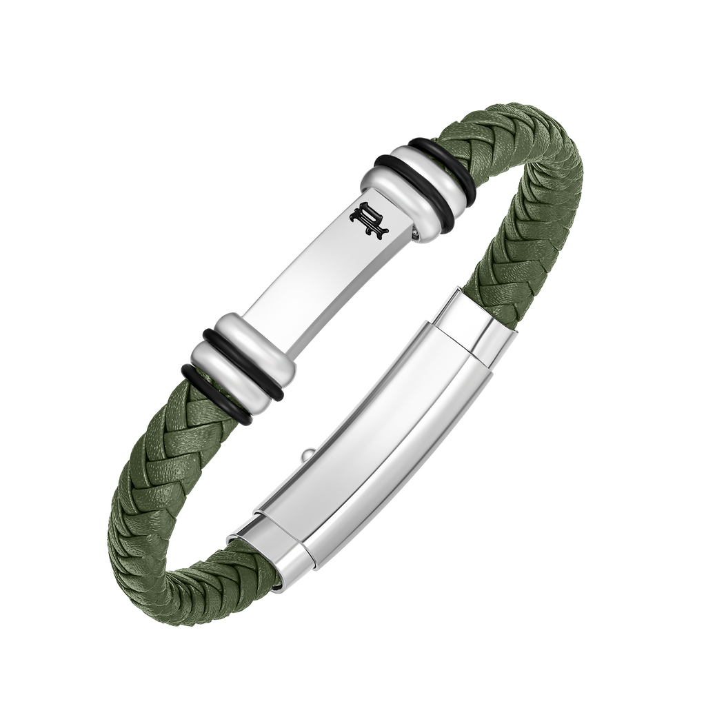 Police Highbridge Stainless Steel & Green Leather Adjustable Bracelet For Men