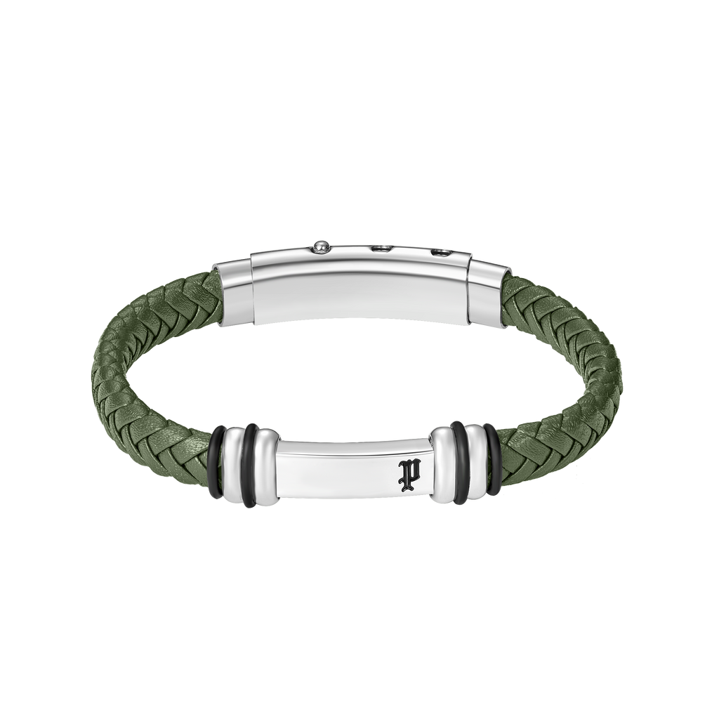 Police Highbridge Stainless Steel & Green Leather Adjustable Bracelet For Men