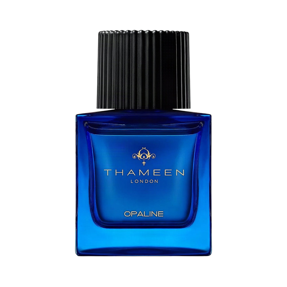 Blue rectangular glass perfume bottle with a black ribbed cap and gold-toned THAMEEN logo.