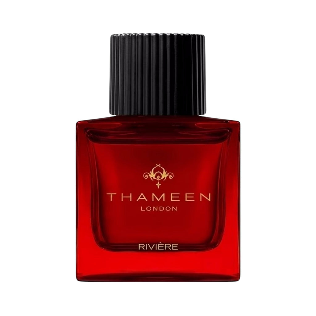 Red Thameen Riviere Extrait de Parfum bottle with a square glass body and a black ribbed cap, featuring gold-toned branding.