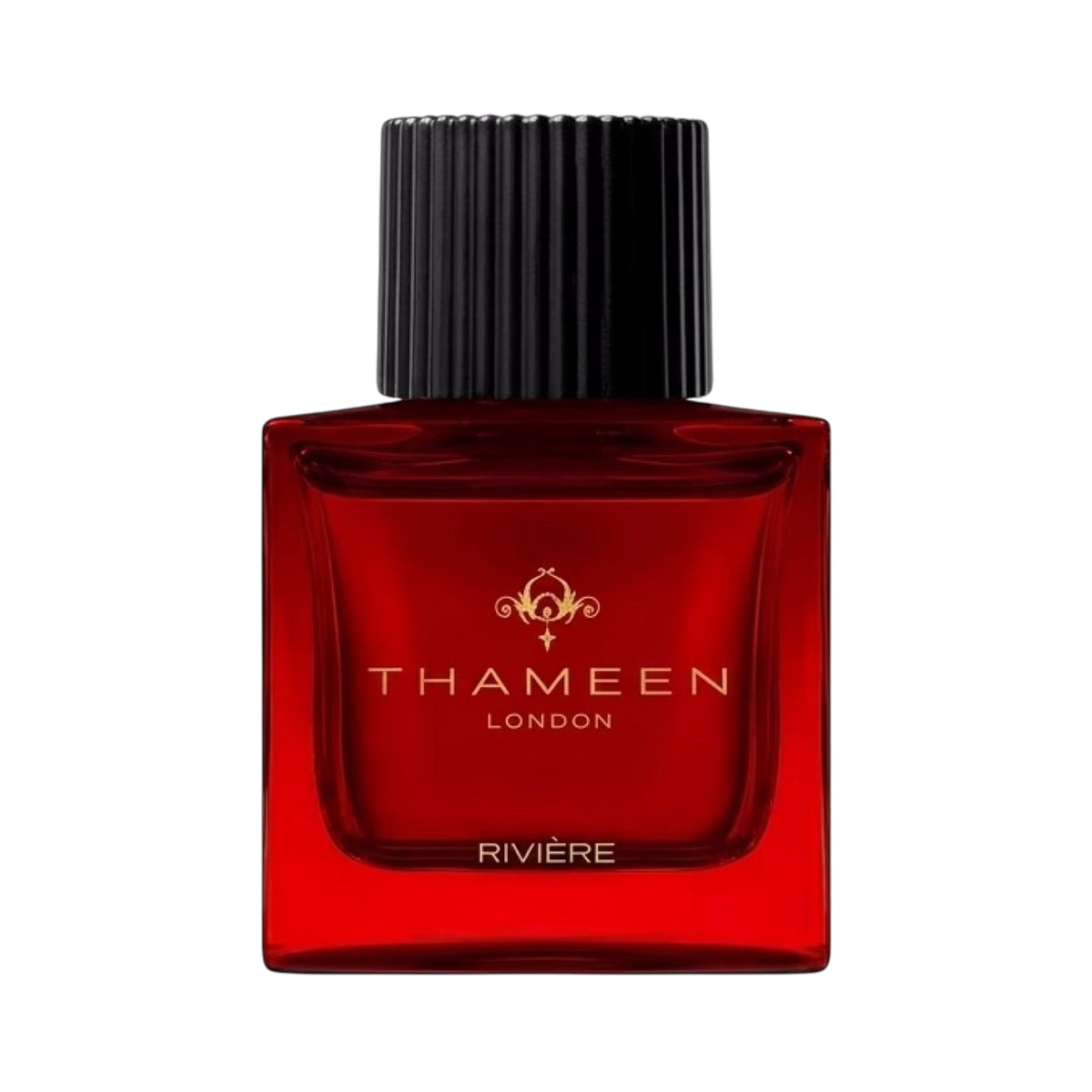 Red Thameen Riviere Extrait de Parfum bottle with a square glass body and a black ribbed cap, featuring gold-toned branding.