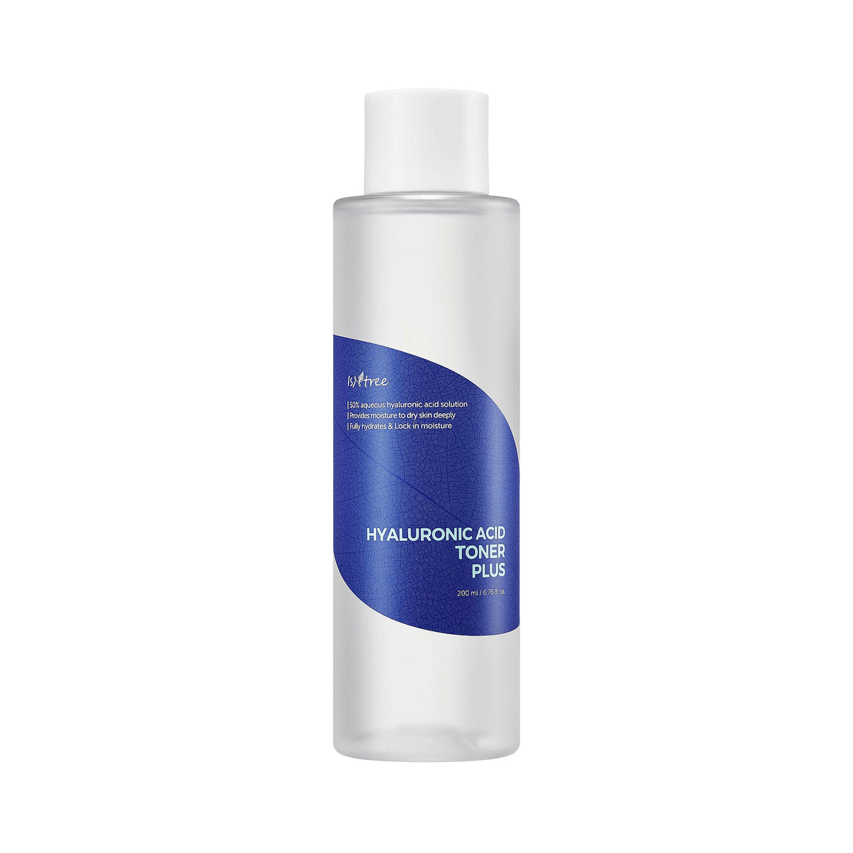 Clear cylindrical bottle of Isntree Hyaluronic Acid Toner Plus with a white cap and a blue textured label.