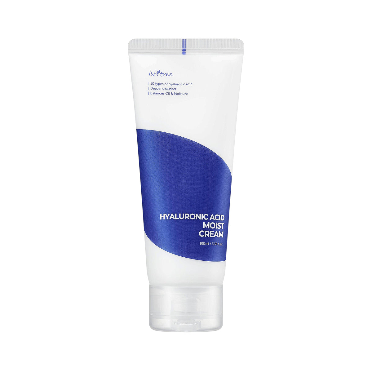 White and dark blue ISNTREE Hyaluronic Acid Moist Cream tube with a transparent cap.