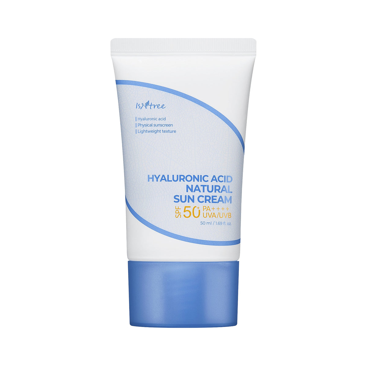 White and blue Isntree Hyaluronic Acid Natural Sun Cream tube, 50ml, with SPF 50+ PA++++ UVA/UVB clearly labelled.
