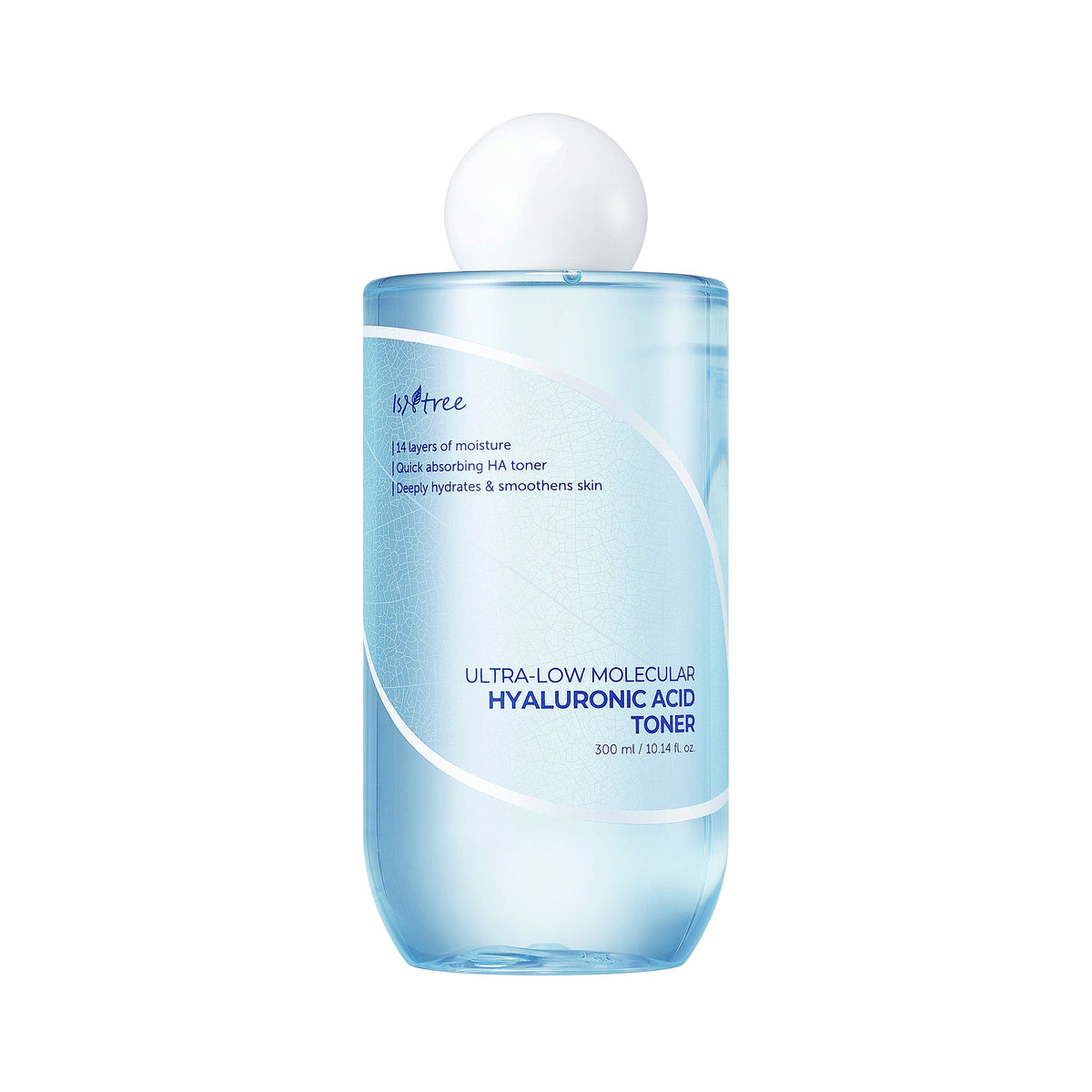 Clear cylindrical bottle of Isntree Ultra-Low Molecular Hyaluronic Acid Toner with light blue liquid and a white spherical ca