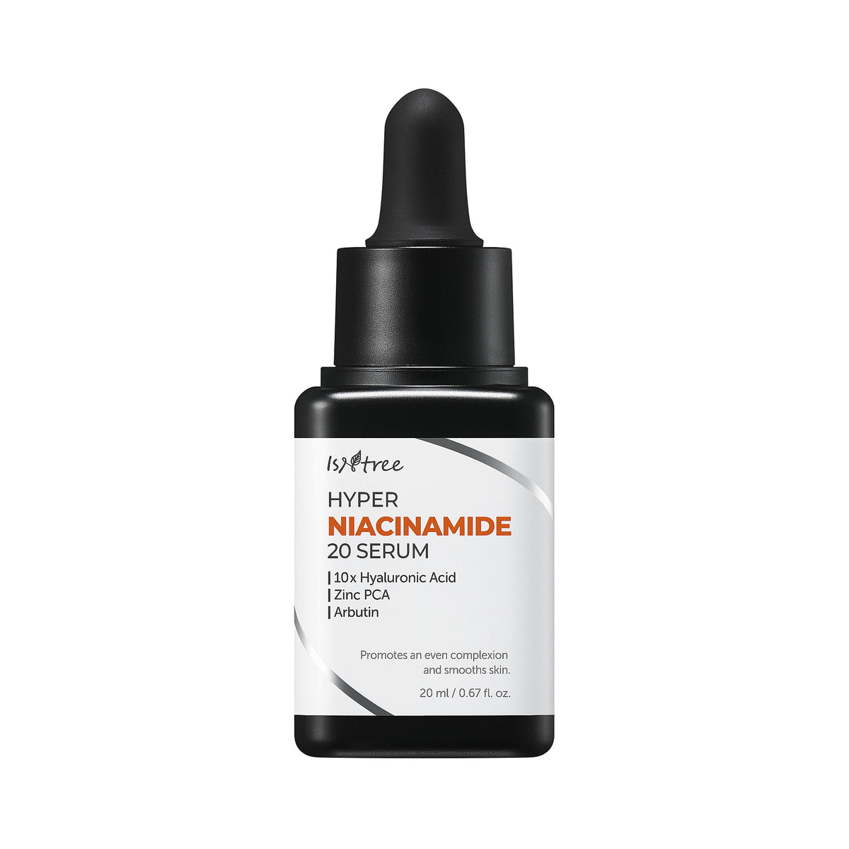 Dark brown glass serum bottle with a black dropper cap and a white label featuring orange and grey text.