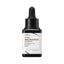 Dark brown glass serum bottle with a black dropper cap and a white label featuring orange and grey text.