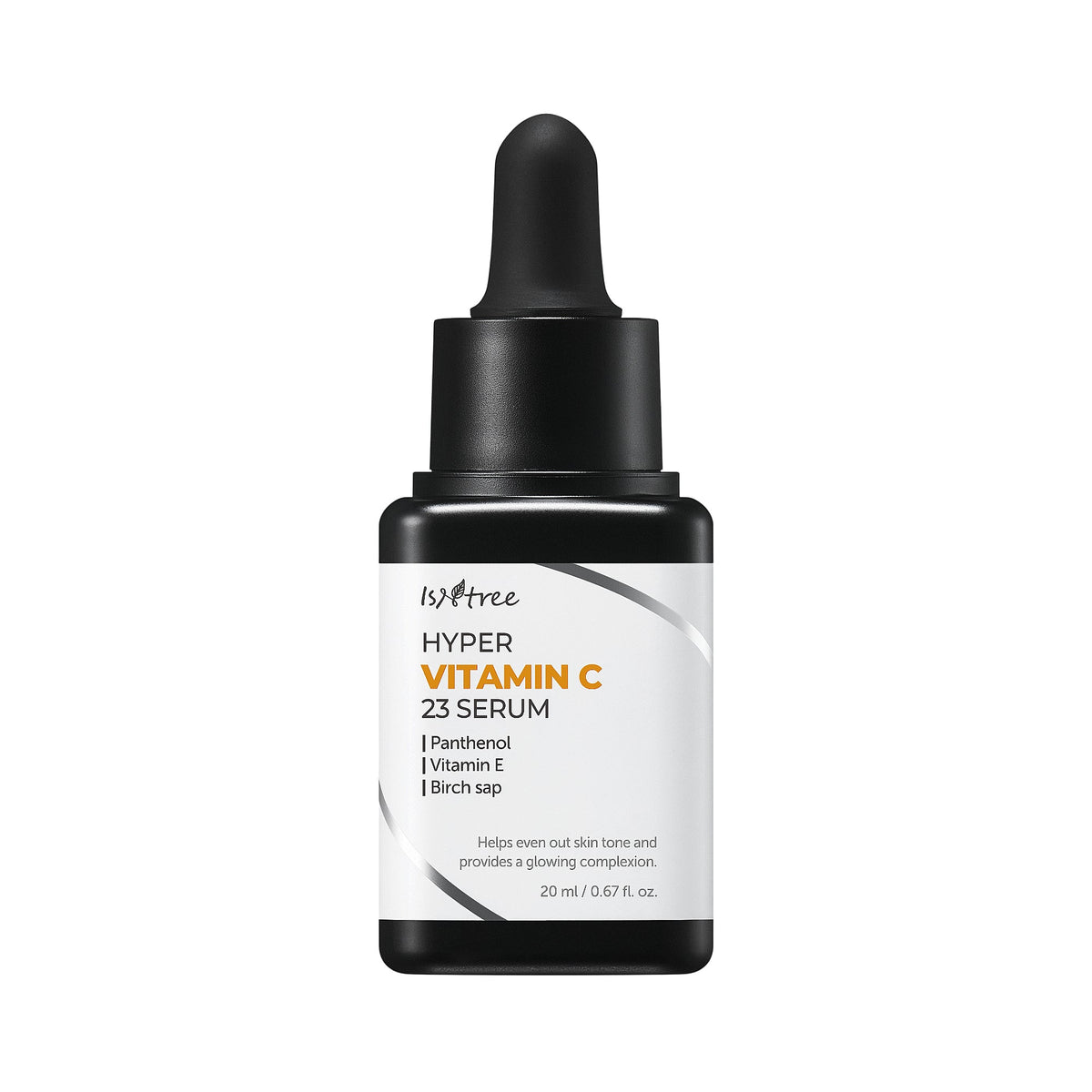 Black opaque serum bottle with a black dropper cap and a white label featuring orange and black text.