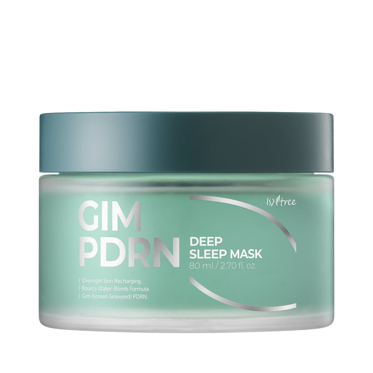 Frosted cylindrical jar of Isntree GIM PDRN Deep Sleep Mask. The jar has a light mint green label and a dark teal screw-top l