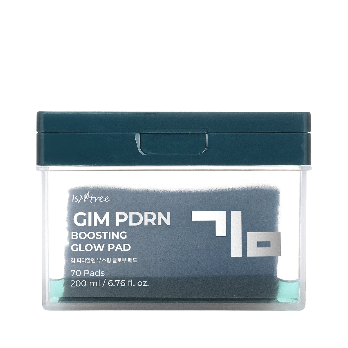 Isntree GIM PDRN Boosting Glow Pad in a clear rectangular tub with a dark teal lid, showing dark grey pads and light blue liq