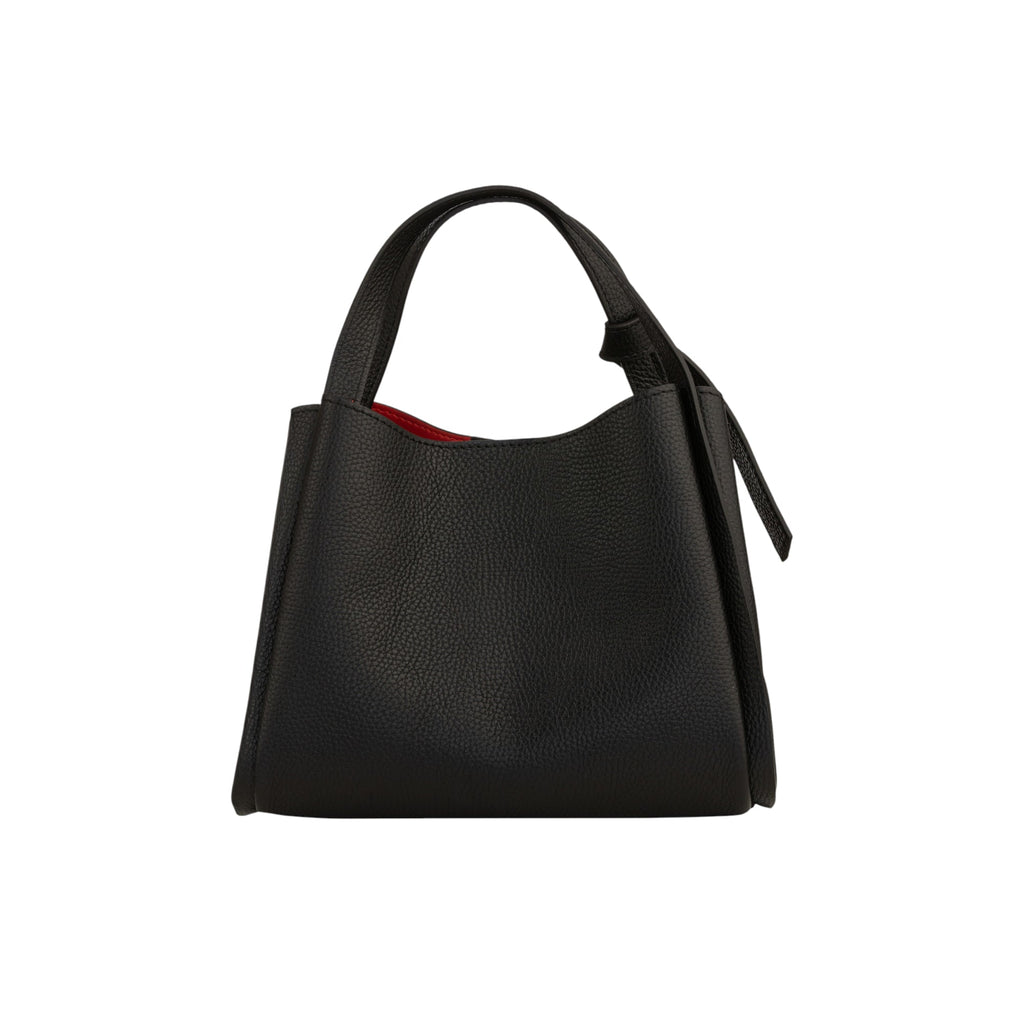Black pebbled leather tote bag with a single top handle tied in a knot on the right side, and a red interior lining.