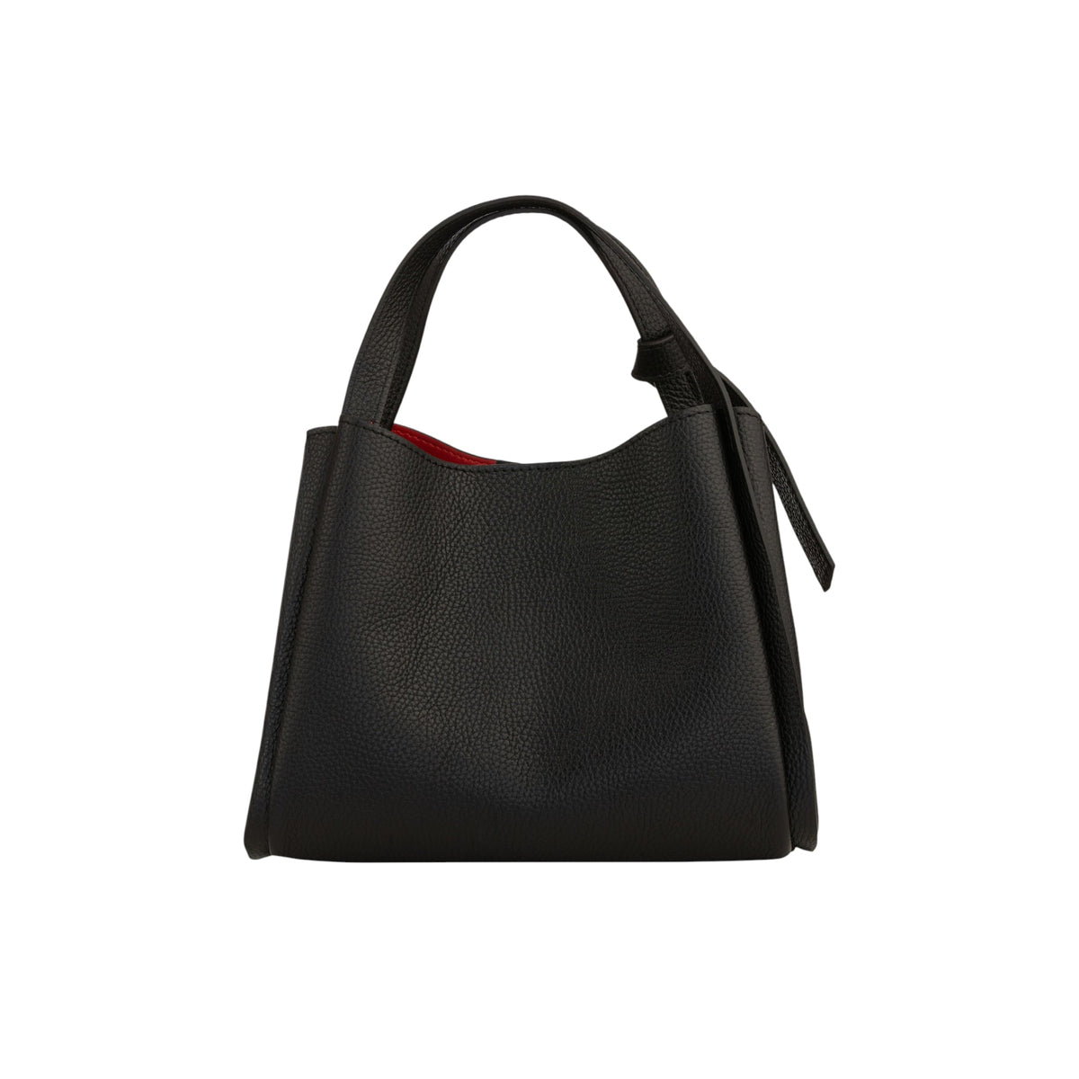 Black pebbled leather tote bag with a single top handle tied in a knot on the right side, and a red interior lining.