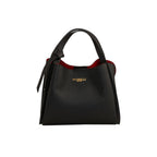 Black pebbled leather handbag with red lining, two top handles, one with a knot, and a gold-toned Piumelli Milano logo.