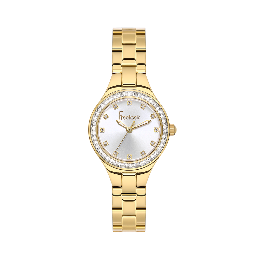 FREELOOK women's gold-tone stainless steel bracelet watch featuring a silver sunray dial, crystal-set hour markers, and sparkling crystal bezel.