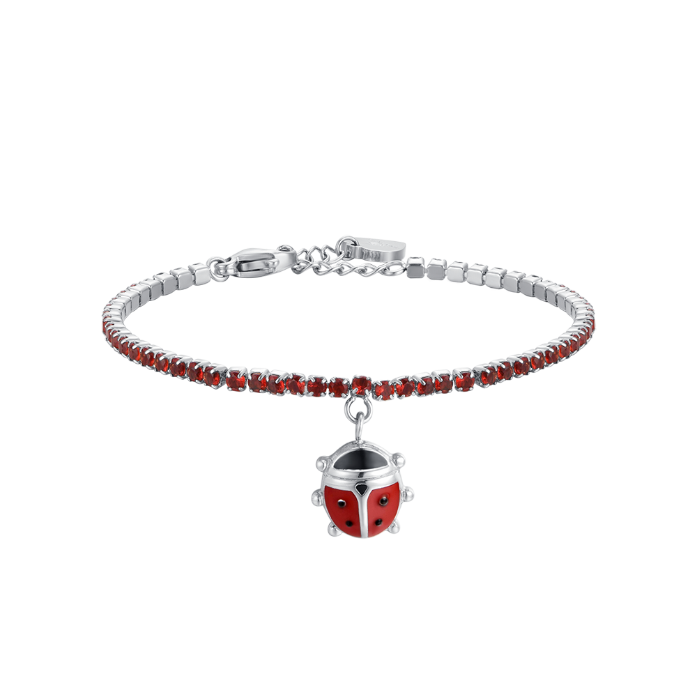 Luca Barra Girl's Tennis Bracelet In Steel With Red Crystals And Ladybug