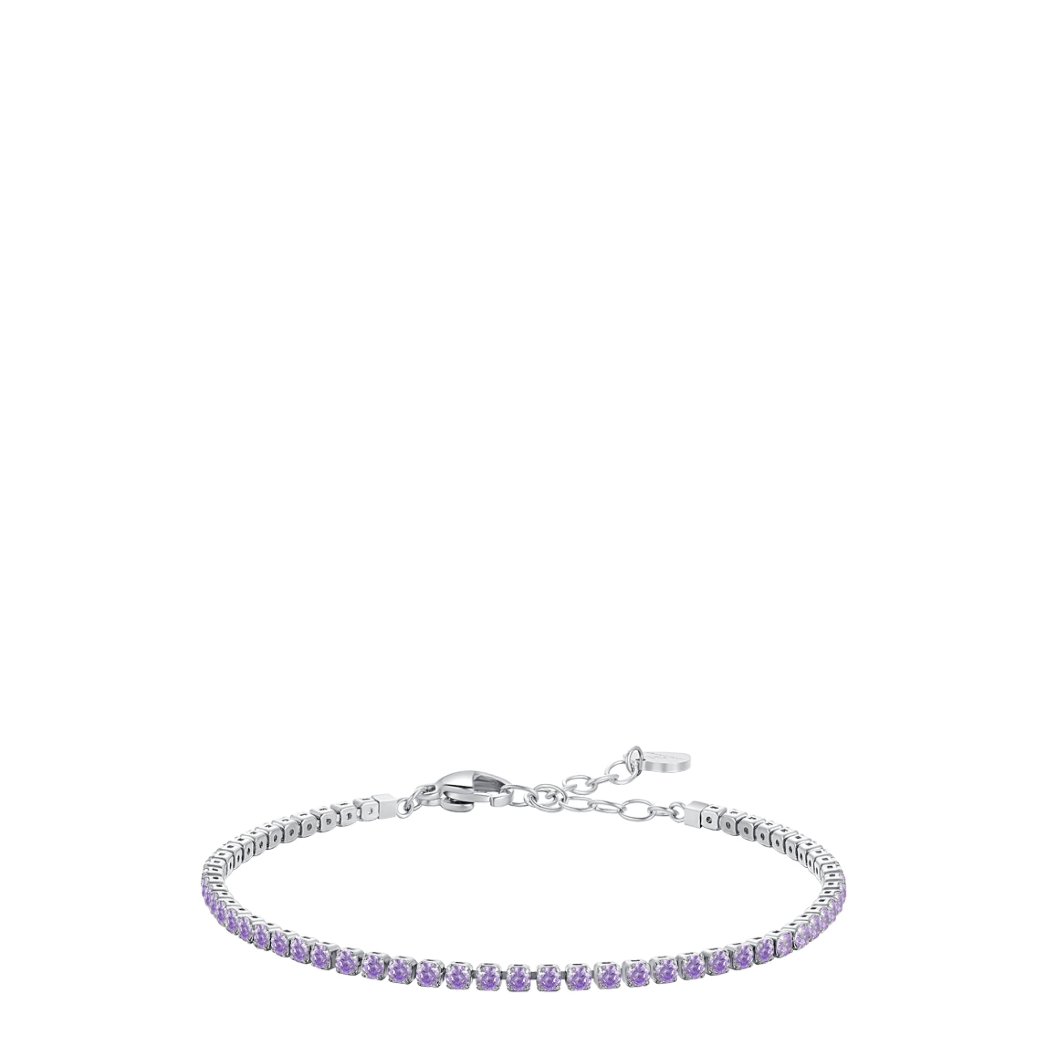 Silver-toned steel tennis bracelet featuring a continuous line of small, round, purple zircons with a lobster clasp.