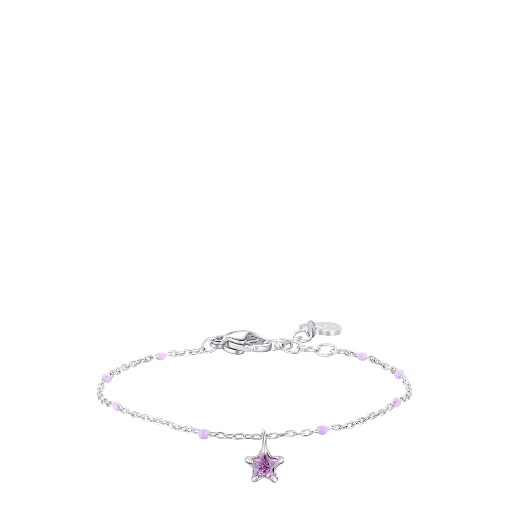 Silver-toned steel chain bracelet with light purple beads, a purple faceted star charm, and a lobster clasp.