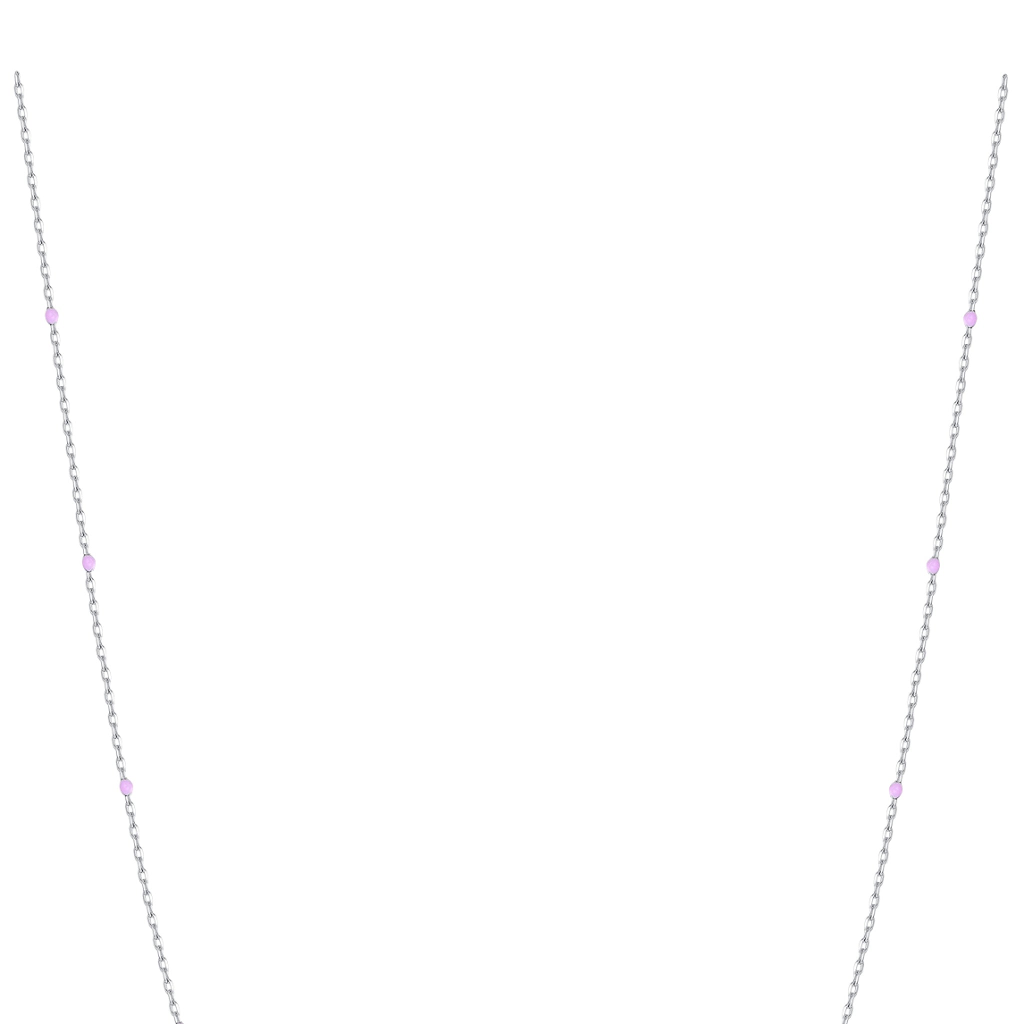 Silver-toned steel chain necklace with small, round, purple-coloured stones interspersed along its length.