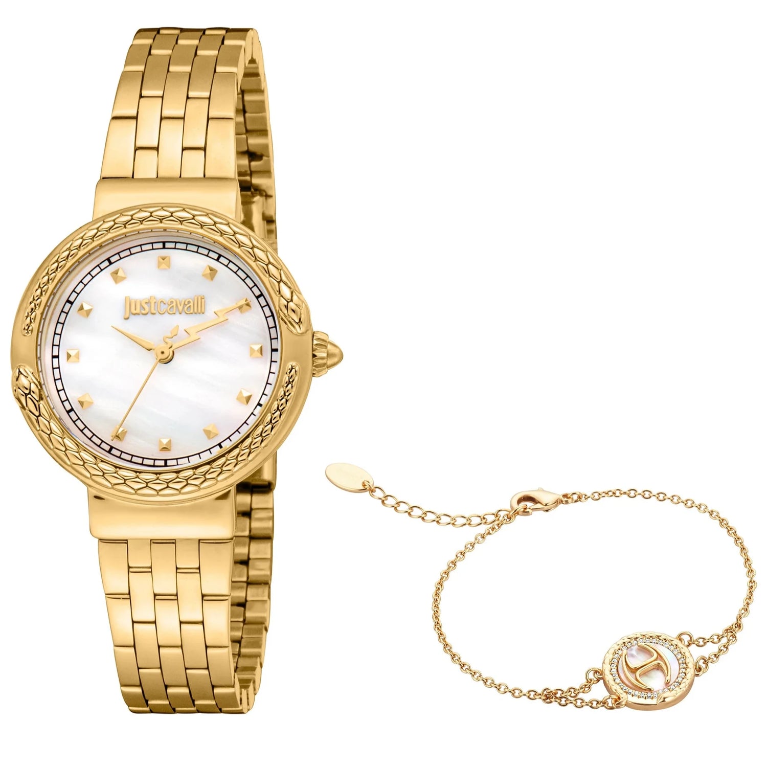 Just Cavalli Brave Snake Ladies White MOP Dial Yellow Gold Watch and Bracelet Set