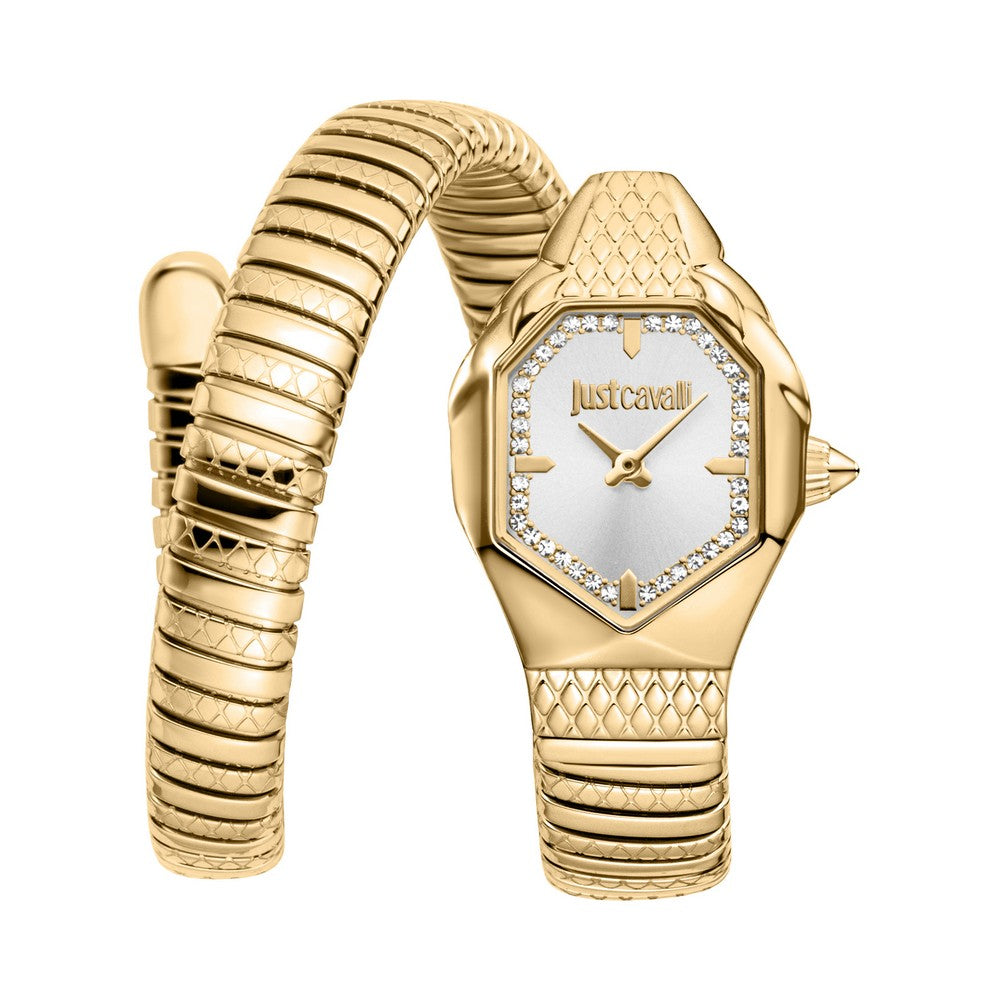 Just Cavalli Women's Gold Snake Watch with Silver Dial and crystal bezel — Find Online Today.